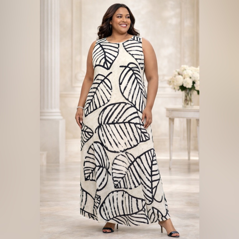 NWT Nic+Zoe Black White Leaf Print Maxi Dress 2X Sleeveless